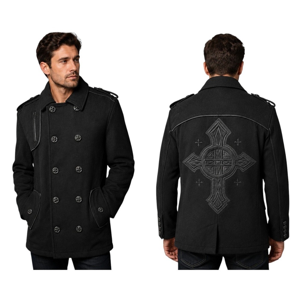 Affliction Mens Black Premium Double Breasted Pea‎ Coat Jacket Black Size Large